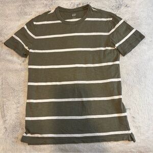 GAP Men's Olive and White Striped Short Sleeve Tee